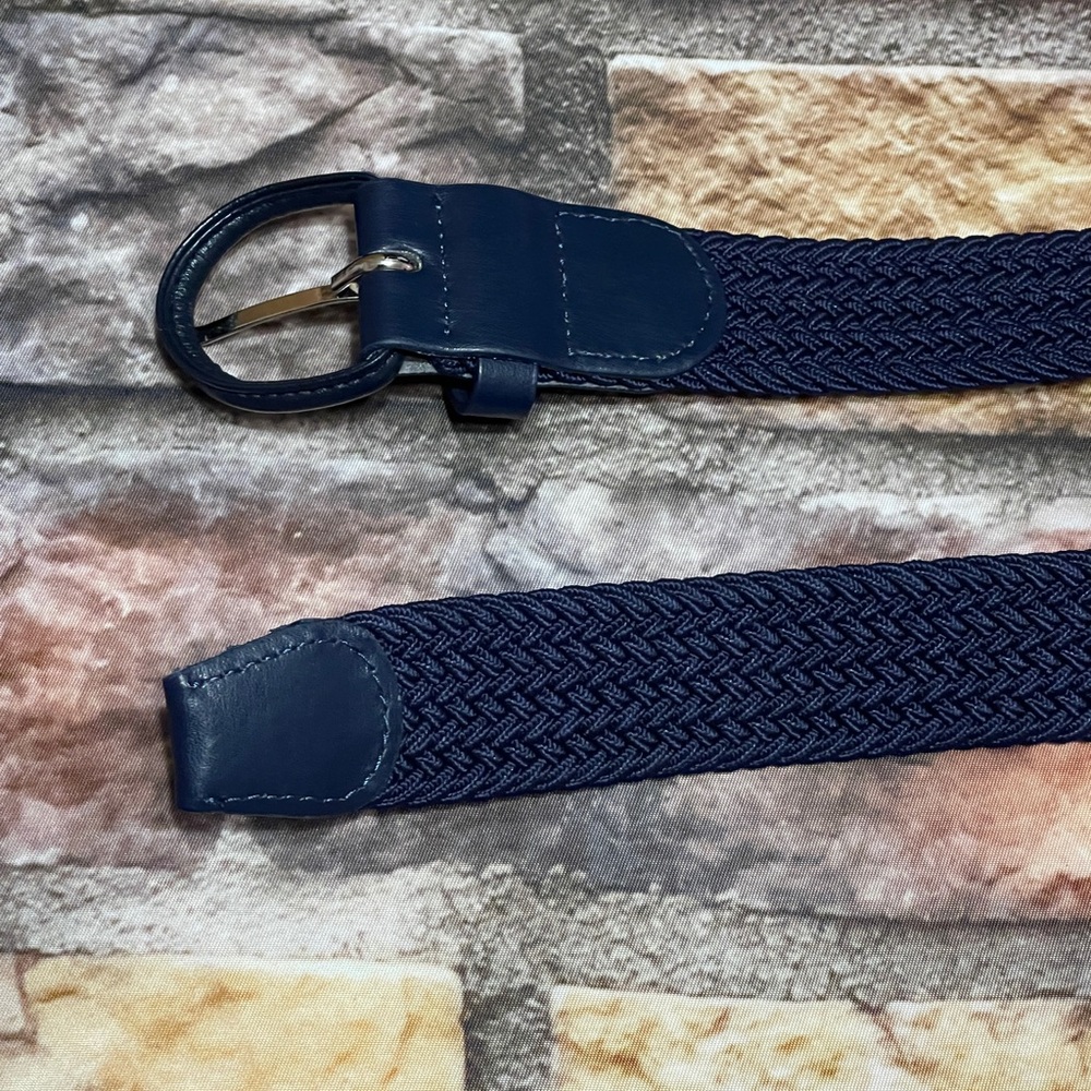 Womens Stretch Woven Elastic Belt Covered Buckle Faux Leather Navy Blue Size 32 - Picture 4 of 8